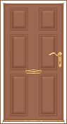A brown door with gold hardware.