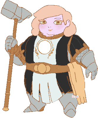 Digitally drawn art of Phoebe dressed as a Paladin with black and white garments overlaying her steel armor. She has a yellow sash tucked around her belt on her side. She is holding a hammer.