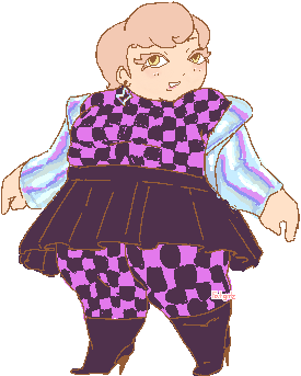Digitally drawn art of Phoebe. She is wearing a black-and-purple checker printed shirt with matching tights with a black skirt and matching pair of black boots, and a holographic biker jacket.