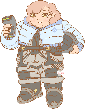 Digitally drawn art of Phoebe. She is dressed with a black and grey jumpsuit, with a light blue cropped jacket overtop. She is holding her helmet in one hand, and an environmental scanner in the other.