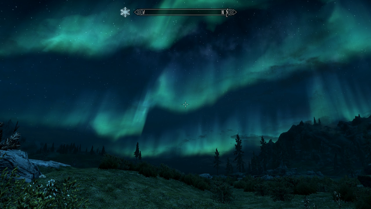 a Skyrim screenshot of the night sky. An aurora borealis hangs above.