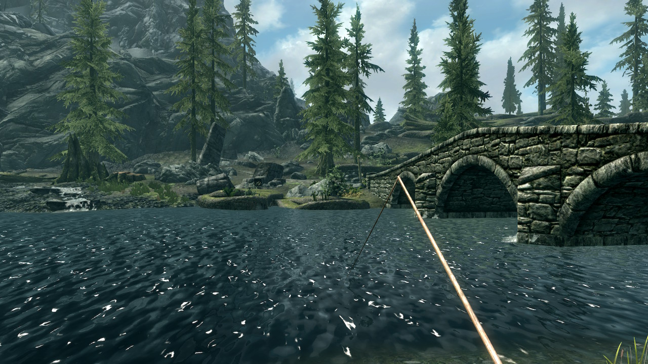 a Skyrim screenshot of a riverbank in Riverwood.