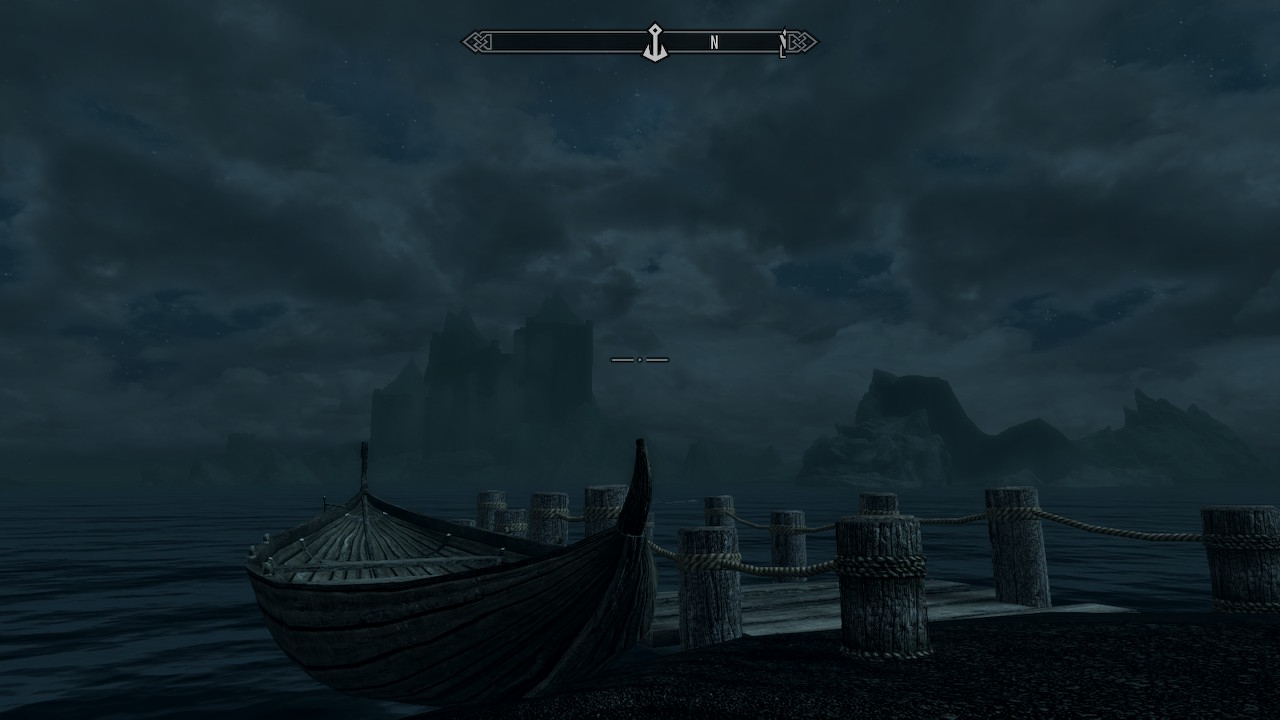 a Skyrim screenshot of Icewater Jetty. In the distance sits Castle Volkihar.
