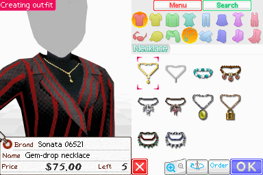 A screenshot from the game Style Savvy. It shows the creating outfit screen. A gold necklace is selected.