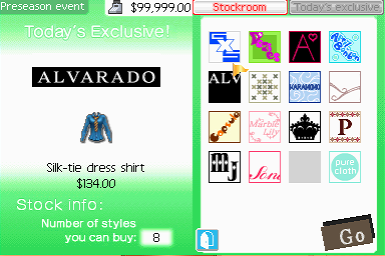 A screenshot from the game Style Savvy. It shows the Buyer's Center brands selection screen. It has a blue button-up as the day's exclusive item.