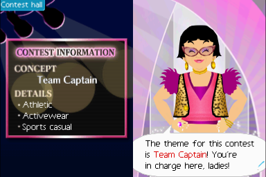 A screenshot from the game Style Savvy. It shows the Contest Hall, and information about the Team Captain contest.