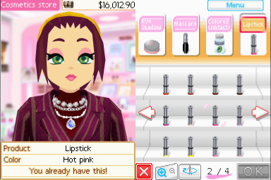A screenshot from the game Style Savvy. It shows the cosmetics selection screen.