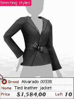 A screenshot of a black jacket with a belt. A bow ties the jacket closed. Below is a tag that says 'Brand: Alvarado 00338. Name: Tied Leather Jacket. Price: $1,5840.00.'