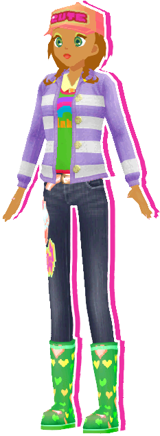 An image of a woman with brown hair styled in small braided pigtails. She is wearing a colourful outfit with a pink baseball cap that says 'cute' in big, bolded capital letters; a purple and white striped cardigan, geans with a bright cupcake print on it, and green rain boots with pink, yellow, and green hearts.