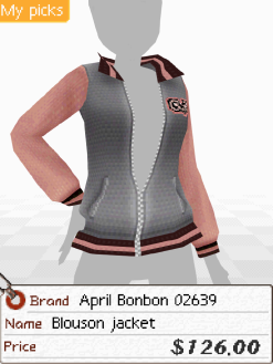 A screenshot of a grey and pink track jacket. Below is a tag that says 'Brand: April Bonbon 02639. Name: Blouson jacket. Price: $126.00'