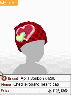A screenshot of a red checkerboard beanie with a small green heart and a big pink heart. Below is a tag that says 'Brand: April Bonbon 01288. Name: Checkerboard Heart Cap. Price: $12.00'