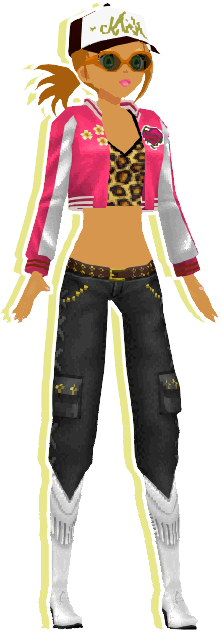An image of a woman with a brown ponytail. She is wearing a flashy outfit with a black and white baseball cap with gold doodles on the front, orange sunglasses, a shiny pink and white cropped jacket with a cropped leopard print camisole underneath, black studded baggy jeans, and white cowboy boots.