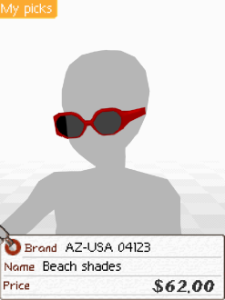 A screenshot of a pair of red sunglasses. Below is a tag that says 'Brand: AZ-USA 04123. Name: Beach shades. Price: $62.00'.