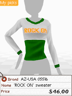 A screenshot of a green and white sweater with the phrase 'rock on' on it. Below is a tag that says 'Brand: AZ-USA 05516. Name: 'ROCK ON' sweater. Price: $46.00'.