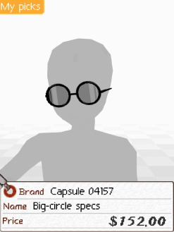 A screenshot of a pair of round black glasses. Below is a tag that says 'Brand: Capsule 04157. Name: Big-circle specs. Price: $152.00'