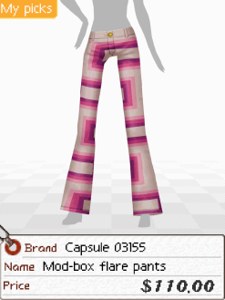 A screenshot of a pair of flared white jeans with a pink geometrical pattern all over them. Below is a tag that says 'Brand: Capsule 03155. Name: Mod-box flare pants. Price: $110.00'