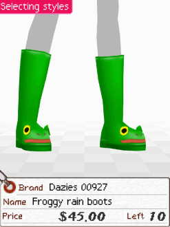 A screenshot of a pair of green rain boots with frog faces on the front. Below is a tag that says 'Brand: Dazies 00927. Name: Froggy rain boots. Price: $45.00'