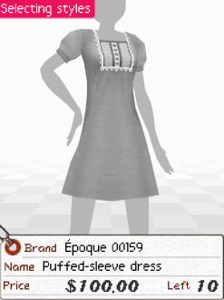 A screenshot of a grey dress with puffed sleeves. Below is a tag that says 'Brand: Epoque 00159. Name: Puffed-sleve dress. Price: $100.00'