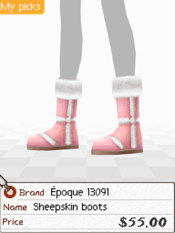 A screenshot of a pair of pink boots with white fluffy trim. Below is a tag that says 'Brand: Epoque 13091. Name: Sheepskin boots. Price: $55.00'