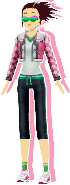 An image of a woman with spiky brown hair in a ponytail. She is wearing sporty pink and green shades, a pink, black and white cropped racing jacket, a white shirt with green lines across the collar, black and green cropped sweatpants, green socks and white and pink sneakers.