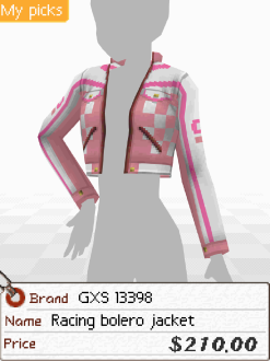 A screenshot of a pink and white racing cropped jacket. Below is a tag that says 'Brand: GXS 13398. Name: Racing bolero jacket. Price: $210.00'
