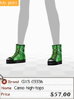 A screenshot of green camo-printed high-tops. Below is a tag that says 'Brand: GXS 03336. Name: Camo high-tops. Price: $57.00'