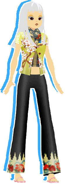 An image of a woman with long grey hair. She is wearing a yellow short-sleeved top with a cherry blossom print, a short printed scarf, and a pair of long, black flared pants with floral prints at the bottom.