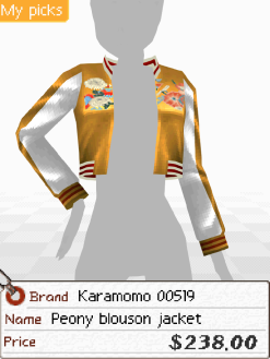 A screenshot of a shiny orange and white cropped jacket with flower motifs embroidered on it. Below is a tag that says 'Brand: Karamomo 00519. Name: Peony blouson jacket. Price: $238.00'