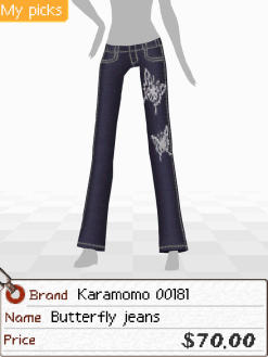 A screenshot of a pair of dark wash jeans with light stitching and butterfly motifs embroidered on it. Below is a tag that says 'Brand: Karamomo 00181. Name: Butterfly jeans. Price: $70.00'