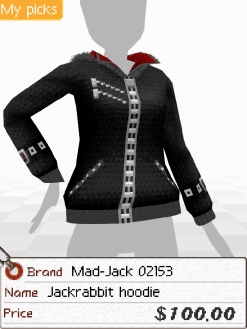 A screenshot of a fluffy black jacket with multiple zippers and studs. Below is a tag that says 'Brand: Mad-Jack 02153. Name: Jackrabbit hoodie. Price: $100.00'