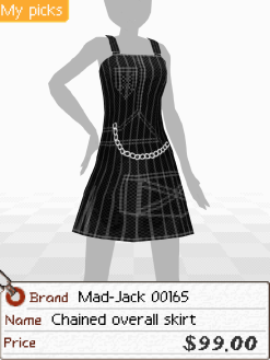 A screenshot of a denim overall dress with light grey stitching and a chain across the hip. Below is a tag that says 'Brand: Mad-Jack 00165. Name: Chained overall skirt. Price: $99.00'