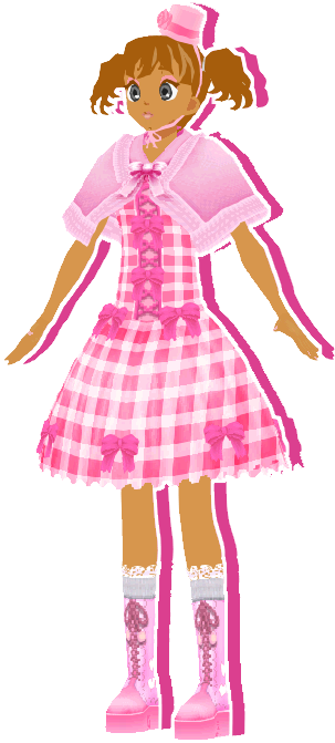 An image of a woman with curly brown hair. She is wearing a tiny pink top hat with a ribbon tied around her head, a pink plaid dress with bows, a pink shawl, and frilly pink boots.
