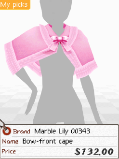 A screenshot of a pink shawl with a bow in the middle. Below is a tag that says 'Brand: Marble Lily 00343. Name: Bow-front cape. Price: $132.00'