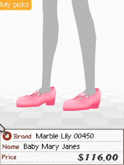 A screenshot of a pair of pink Mary Janes with heart-shaped buckles. Below is a tag that says 'Brand: Marble Lily 00450. Name: Baby Mary Janes. Price: $116.00'