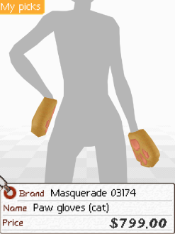 A screenshot of a pair of orange gloves in the shape of cat paws. Below is a tag that says 'Brand: Masquerade 03174. Name: Paw gloves (cat). Price: $799.00'