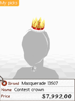 A screenshot of a small gold crown with a white bottom, with a ribbon that wraps around the mannequin's head. Below is a tag that says 'Brand: Masquerade 13507. Name: Contest crown. Price: $7992.00'