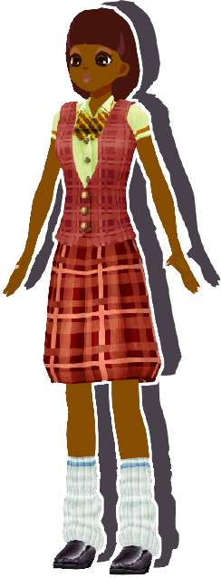An image of a woman with a dark brown bob. She is wearing a yellow short sleeved button up with a red plaid vest on top, a red plaid skirt that goes down to the knee, white leg warmers, and dark leather loafers.