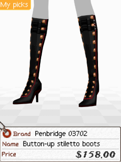 A screenshot of a pair of black high heeled boots with gold buttons that go up the calf. Below is a tag that says 'Brand: Penbridge 03702. Name: Button-up stilleto boots. Price: $158.00'.