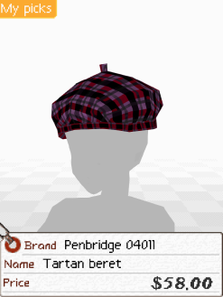 A screenshot of a purple plaid beret. Below is a tag that says 'Brand: Penbridge 04011. Name: Tartan beret. Price: $58.00'