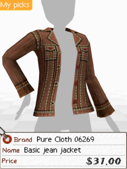 A screenshot of a brown denim jacket. Below is a tag that says 'Brand: Pure Cloth 06269. Name: Basic jean jacket. Price: $31.00'