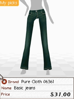 A screenshot of a pair of low-cut jeans. Below is a tag that says 'Brand: Pure Cloth 06361. Name: Basic jeans. Price: $31.00'