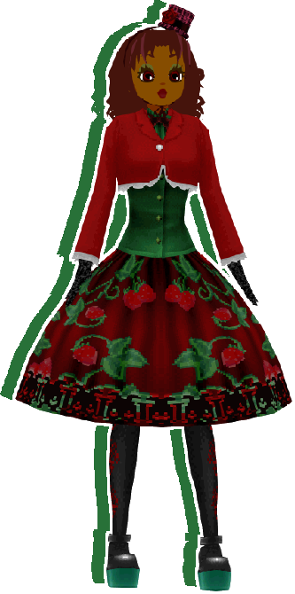 An image of a woman with long, dark brown curly hair. She is wearing a tiny dark red top hat with straps that go around the head, a green buttoned blouse underneath a cropped red cardigan, a dark red hoopskirt with little strawberries printed on it, black tights, and black and green platform heels.