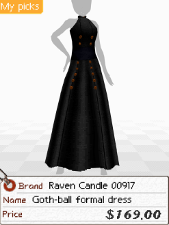 A screenshot of a long black sleeveless dress. Below is a tag that says 'Brand: Raven Candle 00917. Name: Goth-ball formal dress. Price: $169.00'