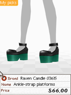 A screenshot of a pair of black and green platform heels. Below is a tag that says 'Brand: Raven Candle 03615. Name: Ankle-strap platforms. Price: $66.00'