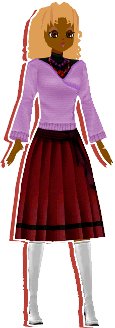 An image of a woman with long curly blonde hair. She is wearing a black turtleneck underneath a long-sleeved purple shirt, a red skirt, and white boots.