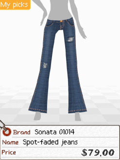 A screenshot of a pair of low-cut distressed jeans. Below is a tag that says 'Brand: Sonata 01014. Name: Spot-faded jeans. Price: $79.00'