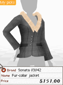 A screenshot of a grey jacket with a beige fur collar. Below is a tag that says 'Brand: Sonata 03042. Name: Fur-collar jacket. Price: $151.00'