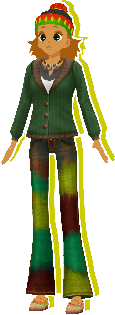An image of a woman with brown hair. She is wearing a red, white, green and red beanie, a black and white shirt underneath a green knit cardigan, and tie-dyed jeans.