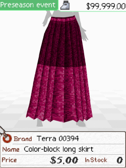A screenshot of a long pink skirt. Below is a tag that says 'Brand: Terra 00394. Name: Color-block long skirt. Price: $5.00'