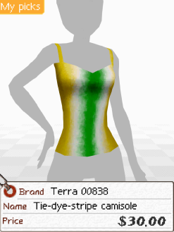A screenshot of a yellow, white, and green camisole that appears tie-dyed. Below is a tag that says 'Brand: Terra 00838. Name: Tie-dye-stripe camisole. Price: $30.00'